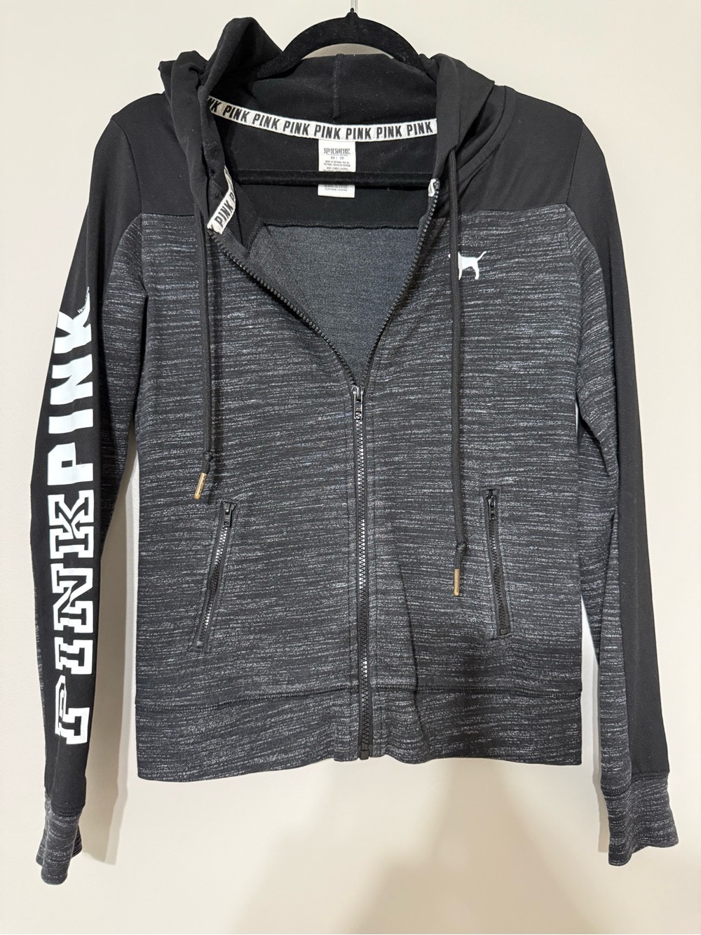 PINK Victoria's Secret Black Heather Zip Hoodie with Logo Sleeve